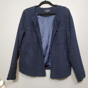Susan Graver Open Front Blazer Womens Size Large Navy Blue Textured Business